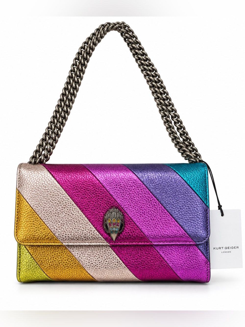 Kurt Geiger Stripe Chain Wallet Rainbow Leather NWT